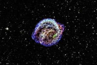 This is the remnant of Kepler's supernova, the famous explosion that was discovered by Johannes Kepler in 1604. The red, green and blue colors show low, intermediate and high energy X-rays observed with NASA's Chandra X-ray Observatory, and the star field is from the Digitized Sky Survey. Image released March 18, 2013