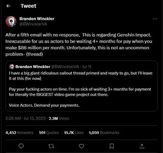A tweet from @BWincklerVA which reads: "After a fifth email with no response, This is regarding Genshin Impact. Inexcusable for us as actors to be waiting 4+ months for pay when you make $86 million per month. Unfortunately, this is not an uncommon problem- (thread)"