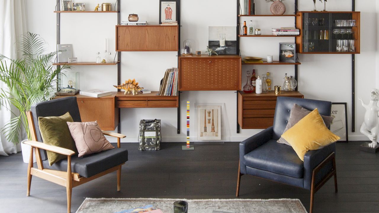 Mid-century modern living room with storage unit