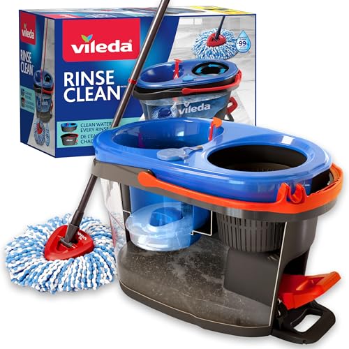 Vileda Rinseclean Spin Mop System, Separates Clean and Dirty Water, Effortless Wringing, Microfibre Mop and Bucket Set
