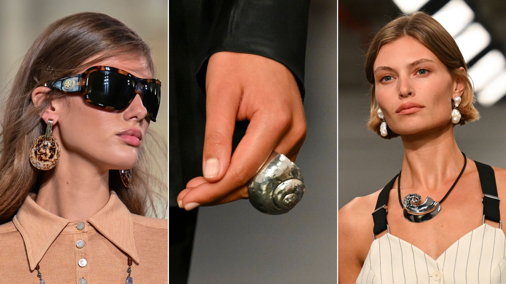 Three women wear shell jewellery