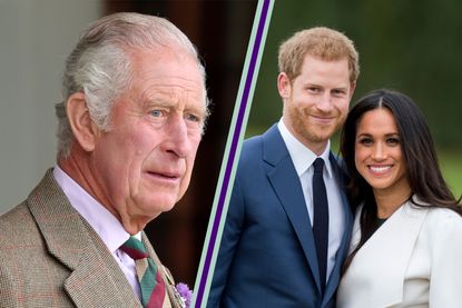 King Charles looking serious, in a template with Prince Harry and Meghan Markle who are smiling
