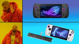 The Drake meme showing Drake shunning the ROG Ally X but approving of the ROG Ally with a JSAUX battery upgrade kit.