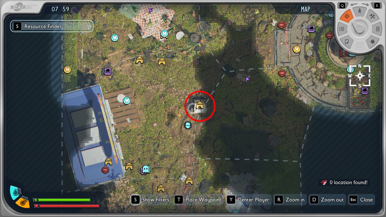 Grounded 2 Buggies: A map showing the location of orb weaver eggs under the Headless BURG.L point of interest in the middle of the park.