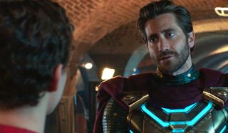 Jake Gyllenhaal has a heroic talk with Tom Holland in Spider-Man: Far From Home.