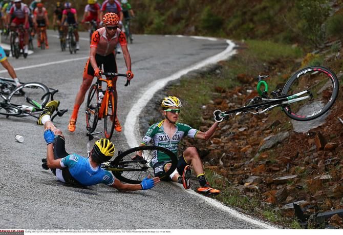 Race leader Rein Taaramae goes down