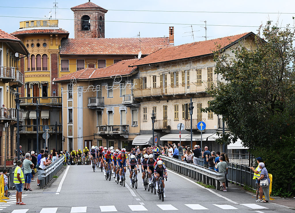 NOVARA, ITALY - AUGUST 23: Amanuel Ghebreigzabhier of Eritrea and Team Lidl - Trek and Tobias Bayer of Austria and Team Alpecin - Deceuninck lead the peloton during the La Vuelta - 80th Tour of Spain 2025, Stage 1 a 186.7km stage from Torino-Reggia di Venaria to Novara / #UCIWT / on August 23, 2025 in Novara, Italy. (Photo by Dario Belingheri/Getty Images)
