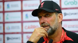 Liverpool manager Jurgen Klopp speaks during the pre-match press conference ahead of the Standard Chartered Singapore Trophy between Liverpool and Crystal Palace at National Stadium on July 14, 2022 in Singapore.