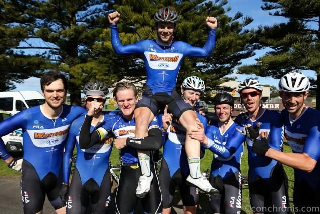 Ryan MacAnally gets a lift from his Wormall Civil teammates after winning the stage