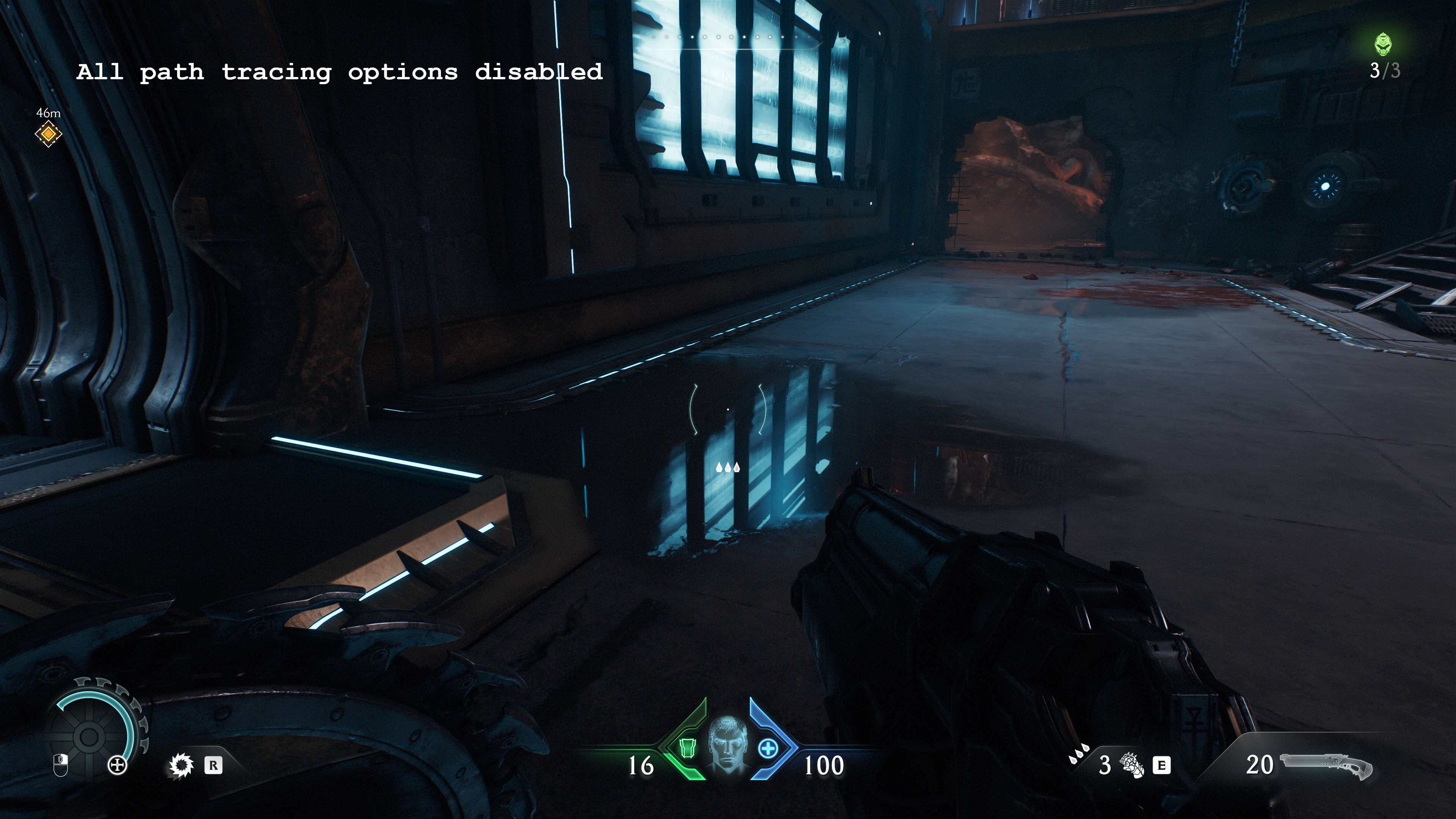 A screenshot of the PC version of Doom: The Dark Ages, showing the visual impact of using standard ray tracing