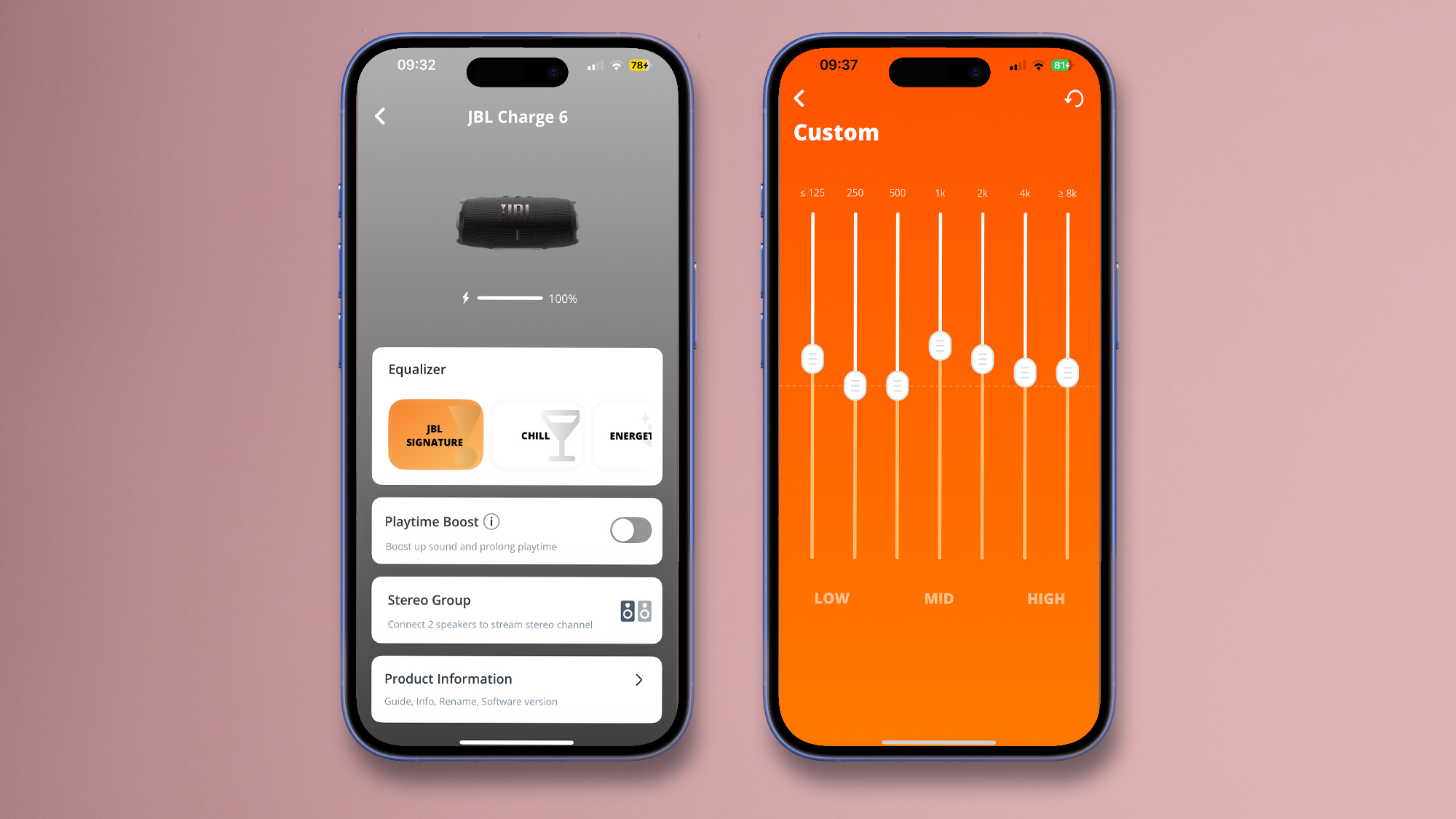 The JBL Charge 6 app showing the equalizer and the main menu