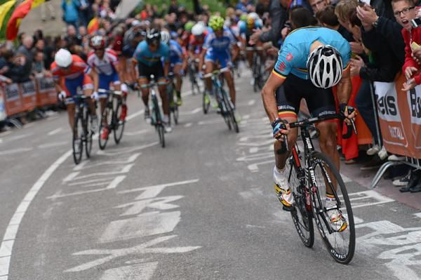 Philippe Gilbert (Belgium) makes his winning move on the Cauberg.