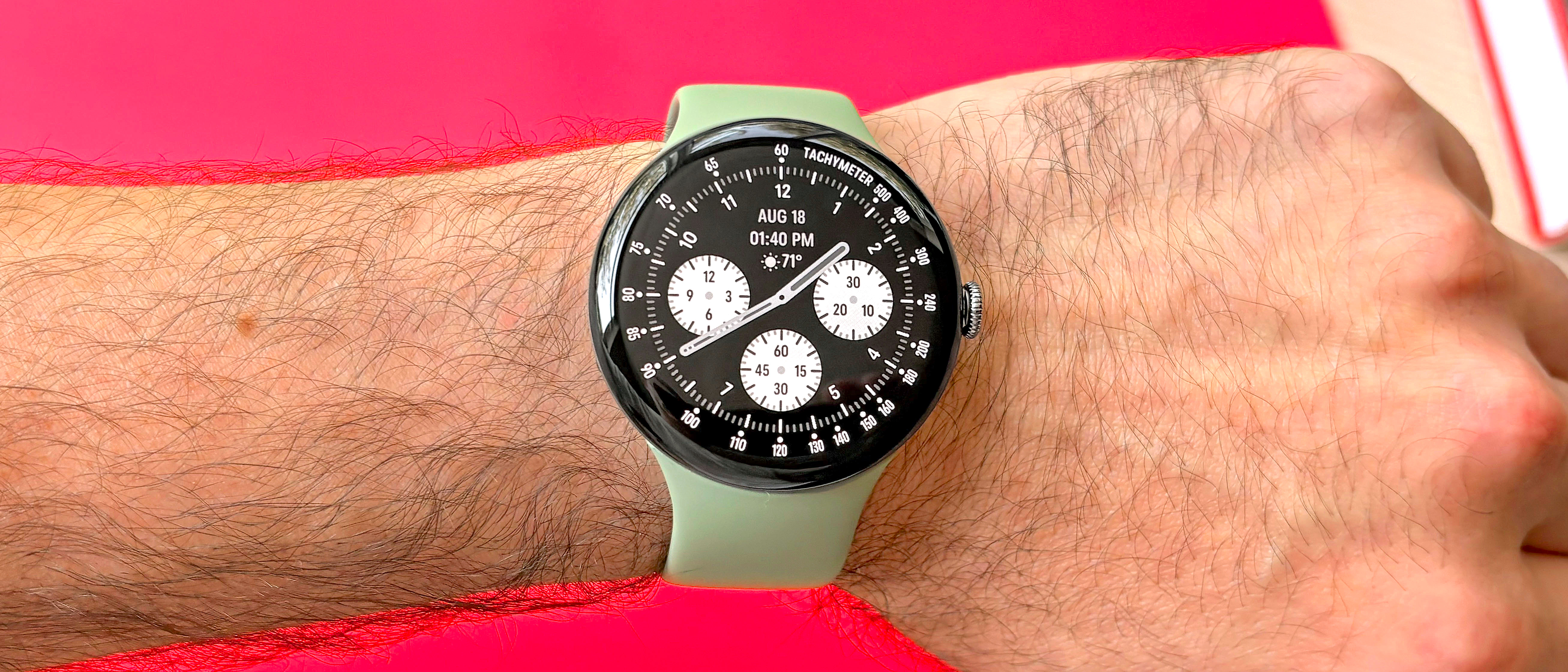 Close-up of the Pixel Watch 5 on a users' wrist