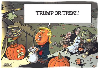 Political cartoon U.S. Trump trick or treat Halloween scared