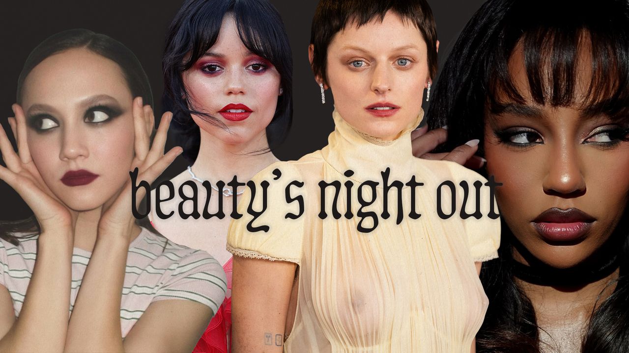 A collage of gothic romantic makeup, featuring Iris Apatow, Jenna Ortega, Emma Corrin, and Savannah Lee Smith