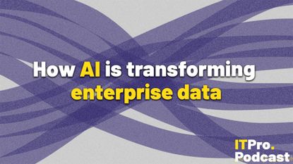 The text "How AI is transforming enterprise data" against a noisy, purple sankey diagram. The words "AI" and "enterprise data" are in yellow, the rest are in white. In the bottom-right corner, the ITPro Podcast logo is shown.