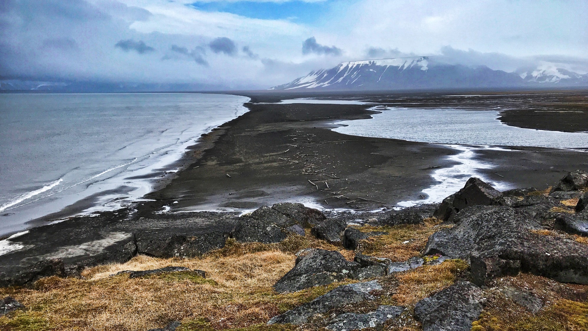 The coastline on Spitsbergen, in Svalbard, with moss in the foreground and a mountain in the distance.