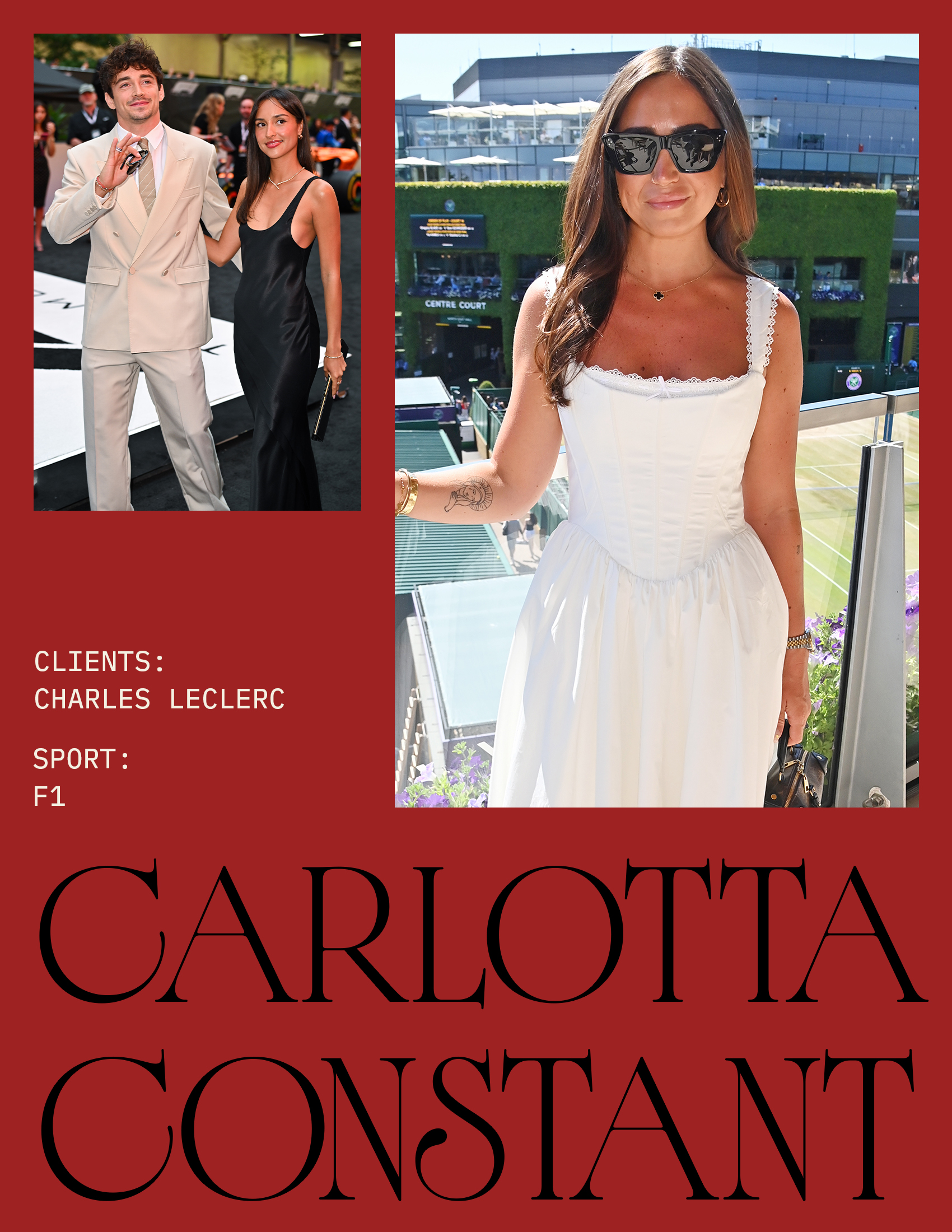 A dark red slide spotlighting the sports stylist Carlotta Constant and her top client, Charles Leclerc, a Scuderia Ferrari F1 driver, as well as his fianc&eacute;e, Alexandra Saint Mleux.