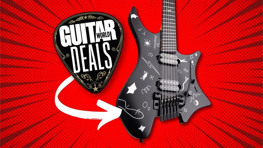 A Strandberg Boden Plini signature electric guitar on a red background