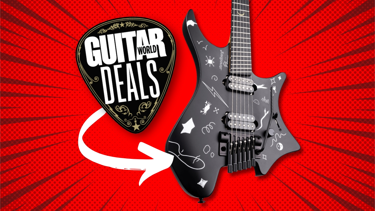 A Strandberg Boden Plini signature electric guitar on a red background