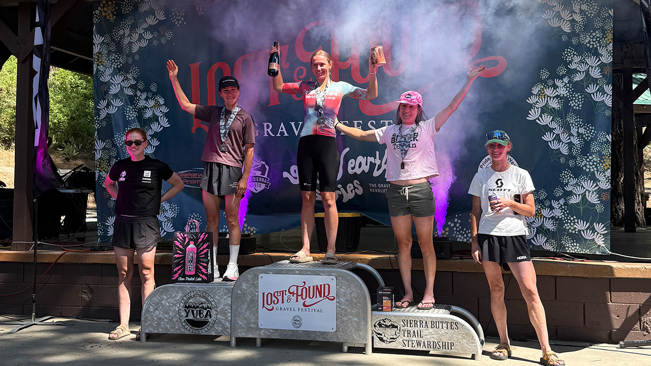 The women's extended podium at Lost and Found Gravel 2026 with Ruby Ryan on the top step of the Gravel Earth Series race