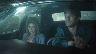 A scared Linda Hamilton driving with an angry MIchael Biehn in The Terminator.