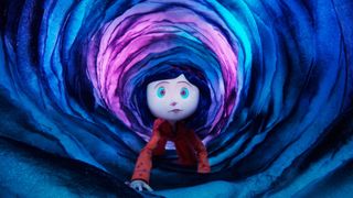 An animated character crawls through a blue swirl of colour 