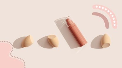 A tinted moisturizer bottle on a beige backdrop with beauty blending sponges to demonstrate how to apply tinted moisturizer