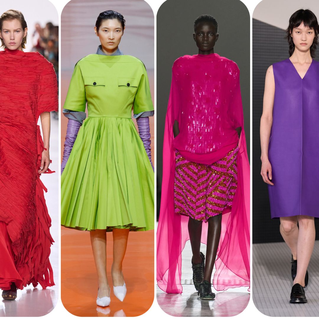 the red, lime green, magenta, purple, emerald green, and yellow spring 2026 color trends at Bottega Veneta, Prada, Dries Van Noten, Jil Sander, Loewe, and Fendi Spring 2026