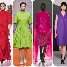 the red, lime green, magenta, purple, emerald green, and yellow spring 2026 color trends at Bottega Veneta, Prada, Dries Van Noten, Jil Sander, Loewe, and Fendi Spring 2026