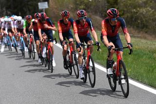 The Ineos Grenadiers train working for Tao Geoghegan Hart at the Tour of the Alps