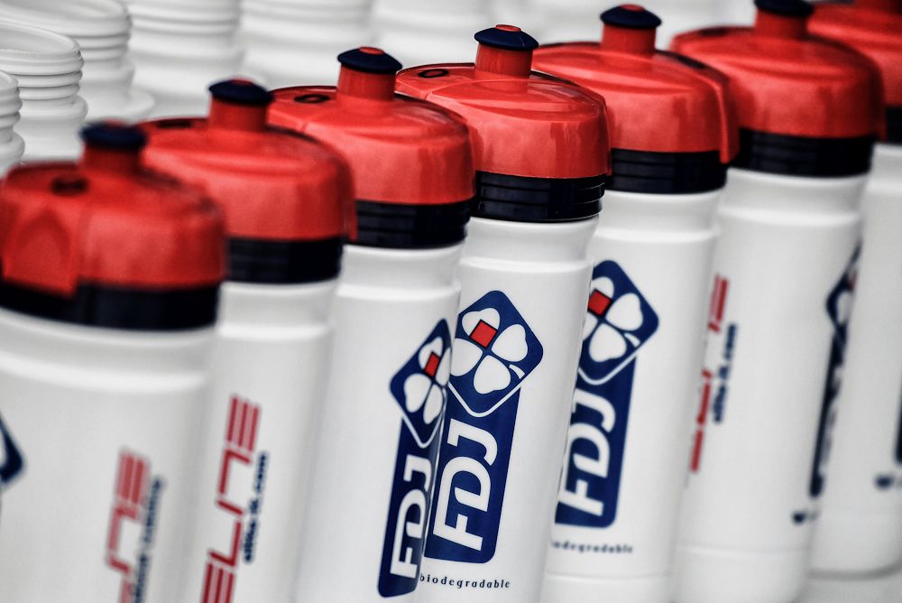 Water bottles of France's FDJ cycling team in Coutances, a day before the start of the 2016 Tour de France