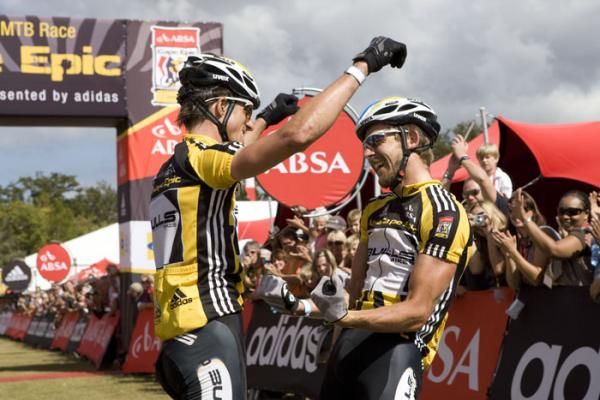 Karl Platt and Stefan Sahm of team Bulls 1 celebrate winning The 2010 Absa Cape Epic during the final stage (stage eight) of the 2010 Absa Cape Epic Mountain Bike stage race held between Oak Valley and Lourensford in the Western Cape, South Africa.
