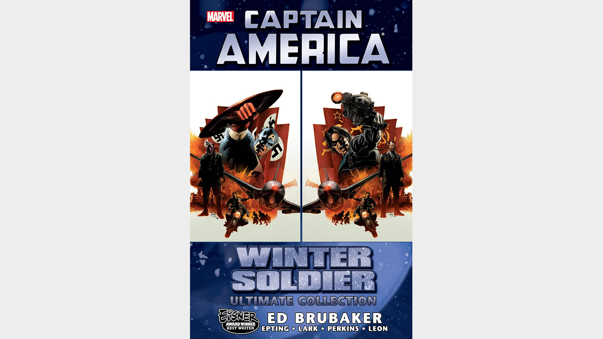 Captain America: The Winter Soldier cover featuring Cap and the Winter Soldier in front of flags.