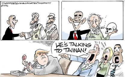 Obama cartoon U.S. Obama Iran Cuba Donald Trump Taiwan call
