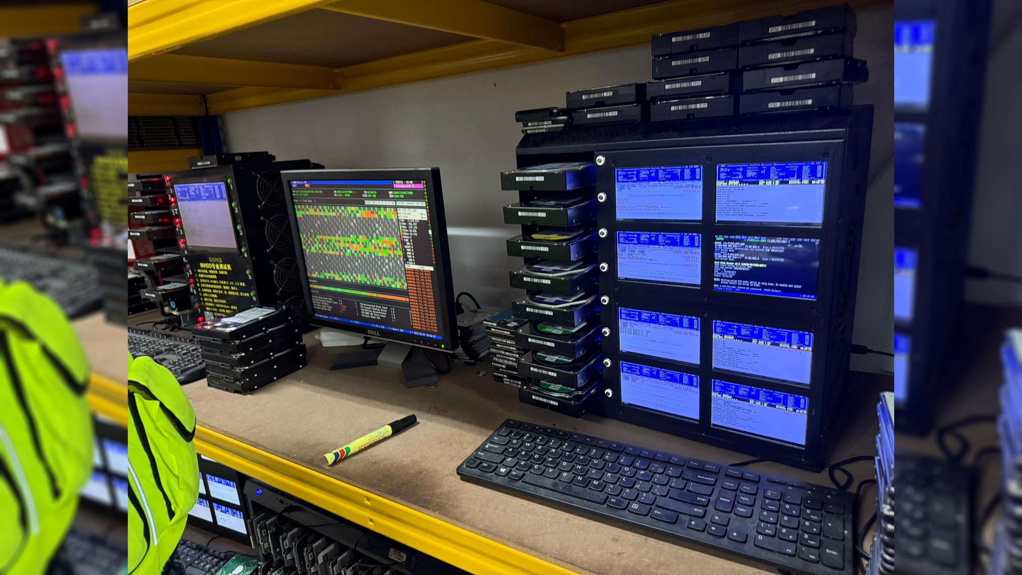 Photo of a hard drive station during a raid