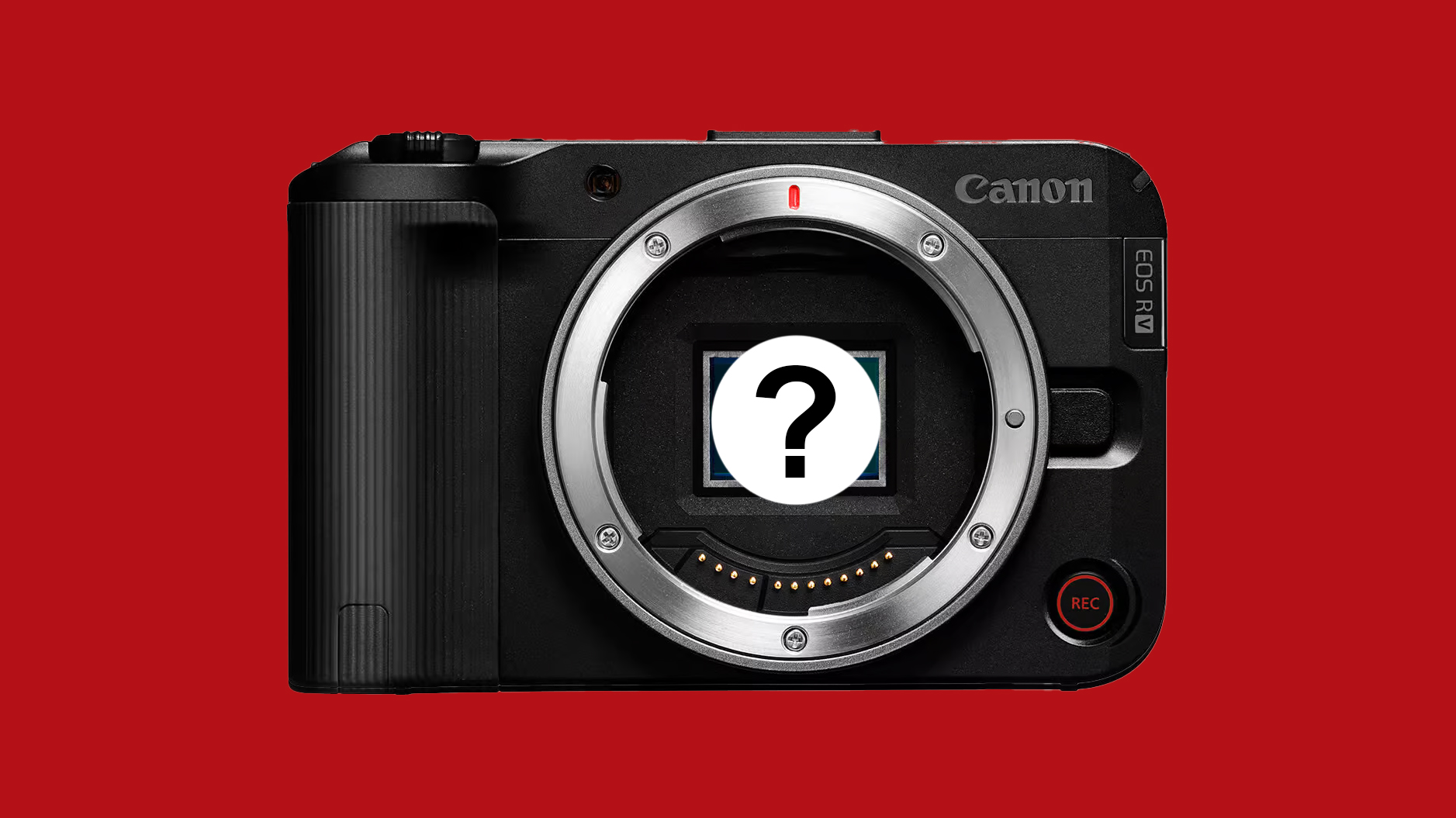 A Canon EOS R5 camera on a red background, featuring a blank lens mount with a question mark symbol in the center