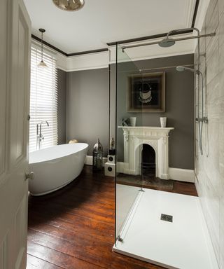 traditional bathroom with fireplace