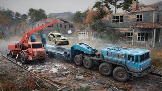Trucks in a disaster zone