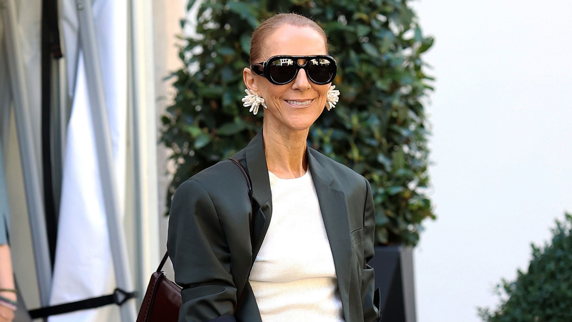 Celine Dion wearing sunglasses and a blazer