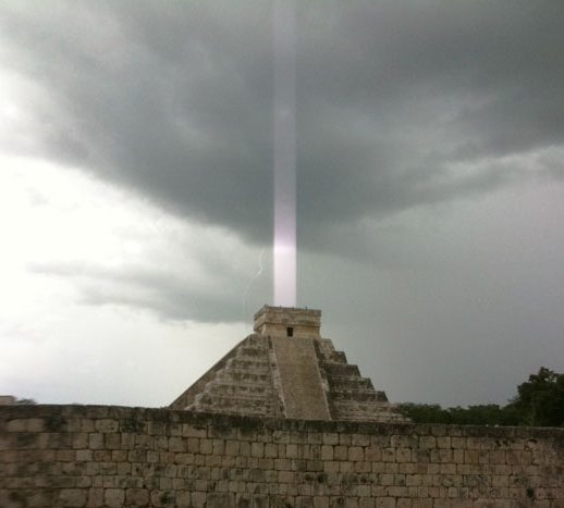 &quot;El Castillo,&quot; a Mayan temple on the Yucatan Peninsula in Mexico, with a mysterious &quot;light beam&quot; emerging from the top. Credit: Hector Siliezar