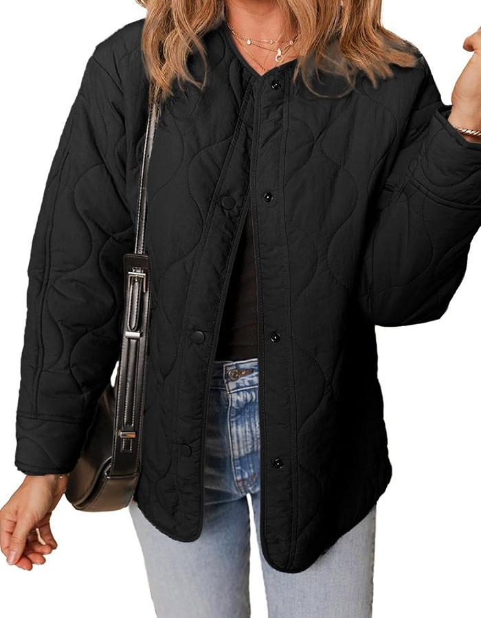 Dokotoo Puffer Jacket Womens Winter Casual Quilted Jackets Fashion Fall Button Down Long Sleeve Drop Shoulder Round Neck Padded Coats Oversized Warm Lightweight Outerwear With Pockets Black S