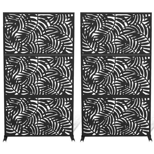 Foowin Metal Privacy Screen Outdoor Set of 2, 72" H&amp;times;47" W Privacy Fence, Privacy Fence Panels Freestanding,for Patio Garden Balcony,bamboo Leaf-Black