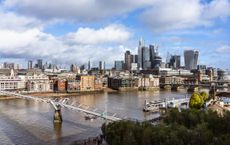 Sunny aerial view of Millennium Bridge and City of London