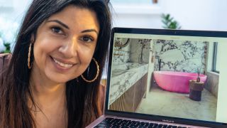 Ariane Sherine Juniper next to a laptop using the iStock AI service to make a hot pink bath image