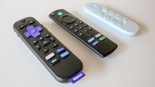 A picture of the Roku Voice Remote Pro next to the Alexa Voice Remote and the remote for Chromecast with Google TV