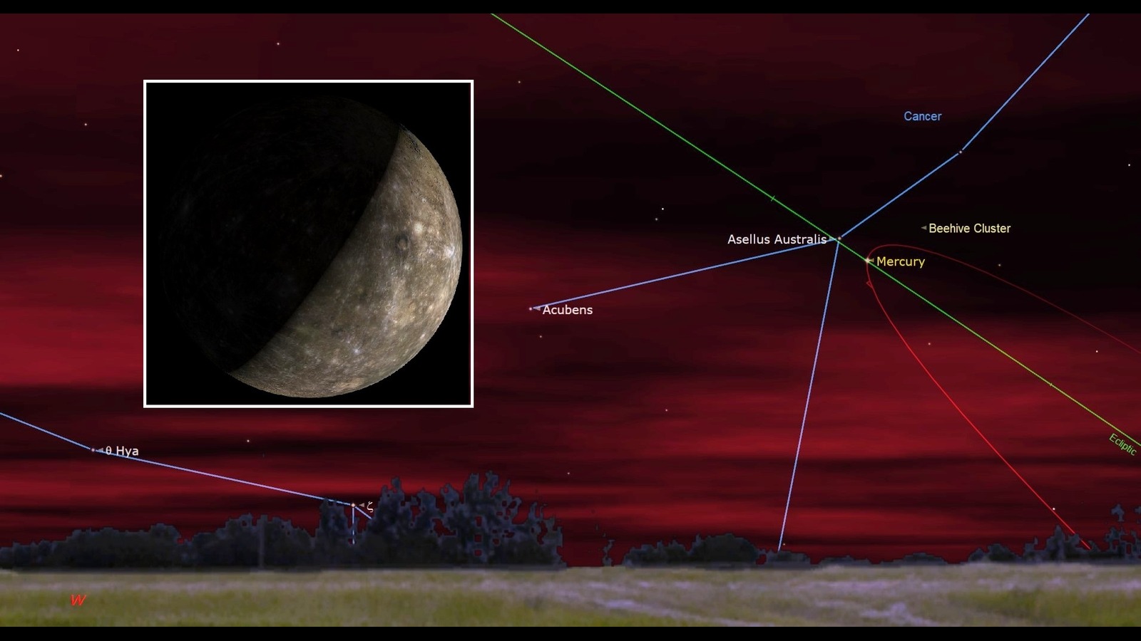 A pull out of the moon next to some dots and lines over a red sky.