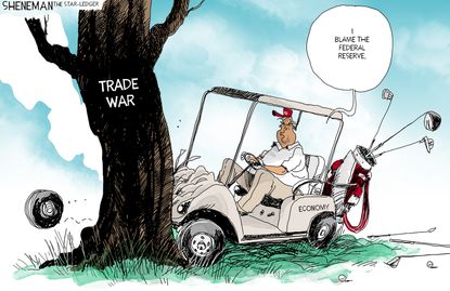 Political Cartoon Blame Federal Reserve Trump Golf Cart Trade War
