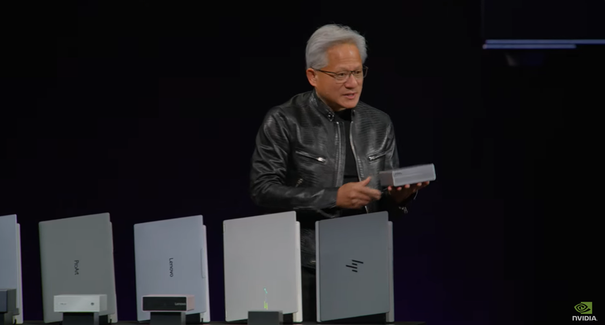 Nvidia's CEO Jen-Hsun Huang on stage at GTC Taiwan with the new RTX Spark.