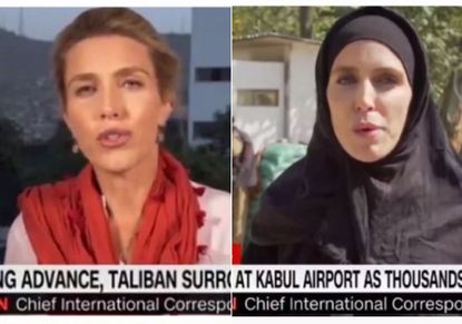 CNN journalist Clarissa Ward reporting without a headscarf in Kabul, and then with a headscarf